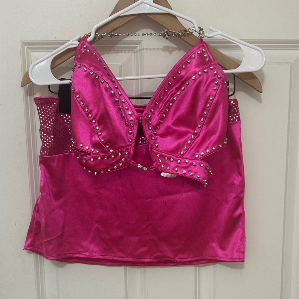 SHEIN SXY Hot Pink Studded Crop Top with hot pink miniskirt Barbie look